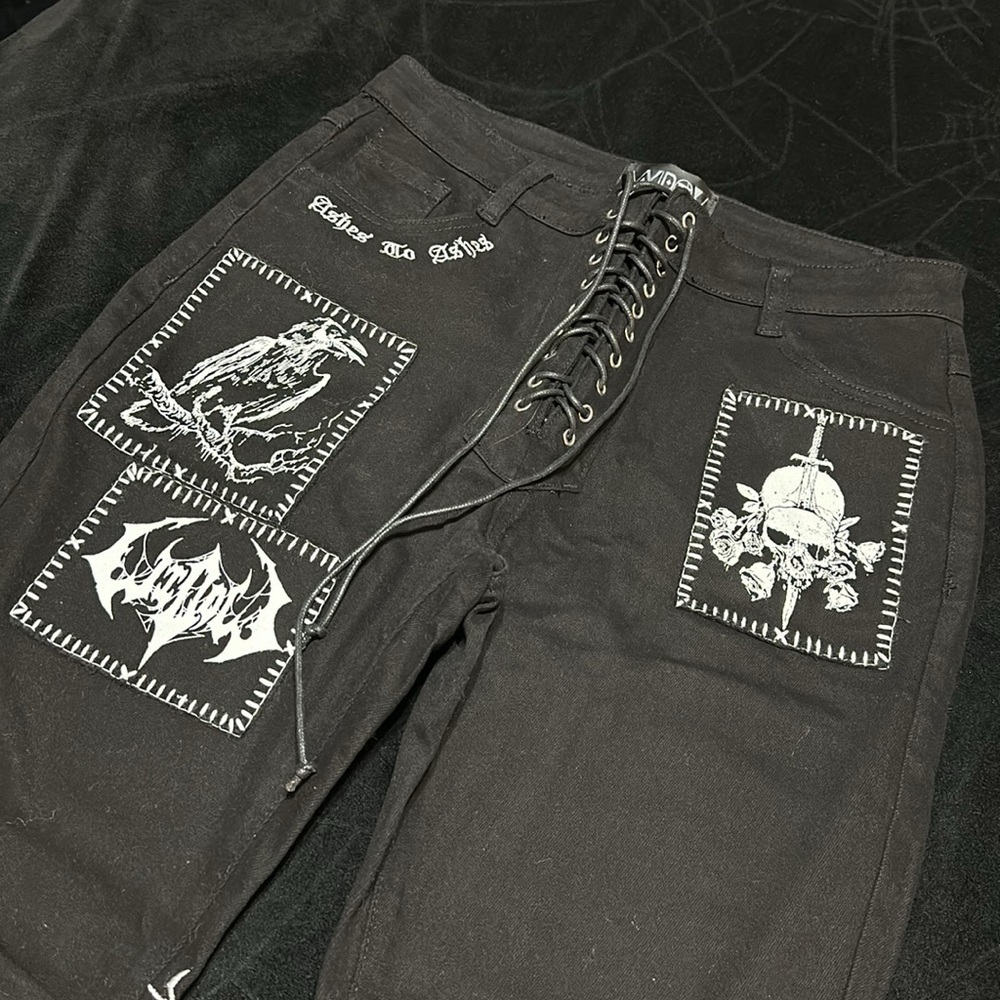 NWT Widow Miss Murder Lace-Up Patch Jeans, Med - Picture 2 of 12